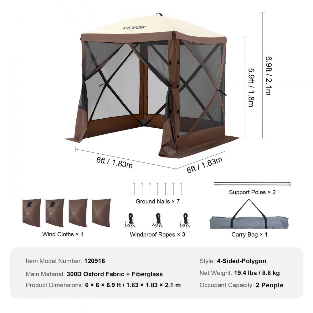 Pop-Up-Pavillon-Zelt, Pop-Up-Zelt mit 4 Seitenüberdachungen, Sonnenschutz mit 4 abnehmbaren Sichtschutz-Windtüchern und Netzfenstern, 6 x 6 Fuß, schnell aufzubauendes Zelt mit Moskitonetz, Braun