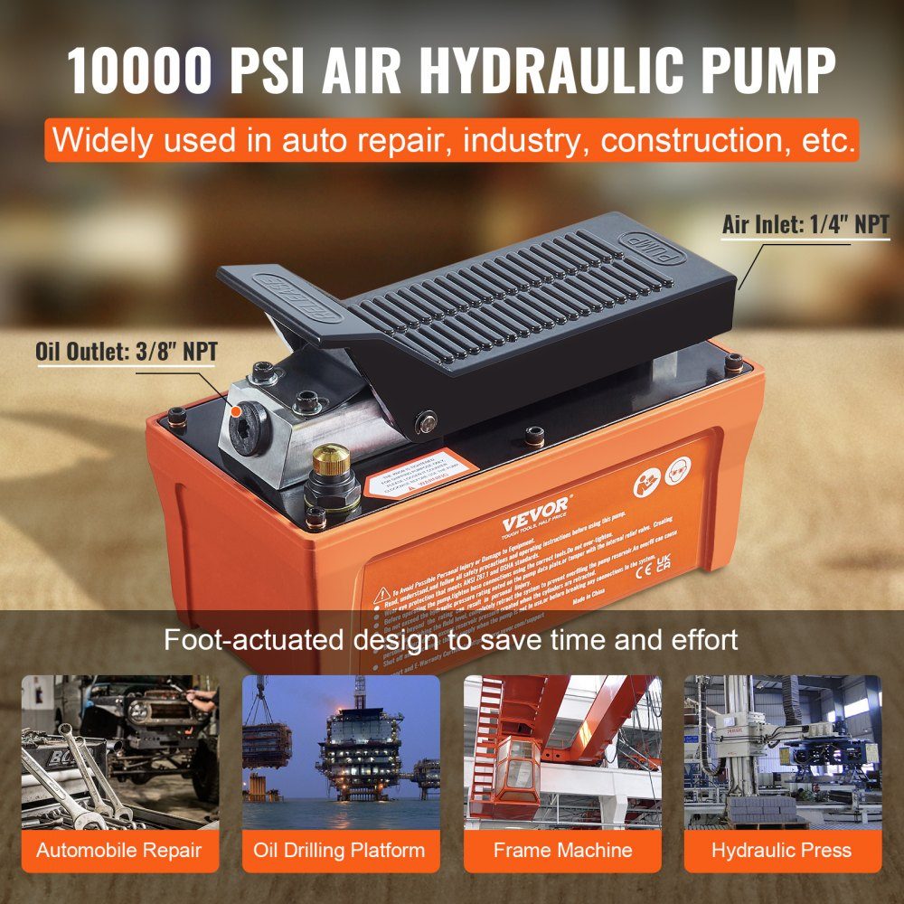 1.6L air hydraulic pump, 700 bar hydraulic pump, 0.8L/min (no load), 0.16L/min (load), hydraulic foot pump with 2m hose, confirmed air foot pump base, including air inlet adapter PTFE tape