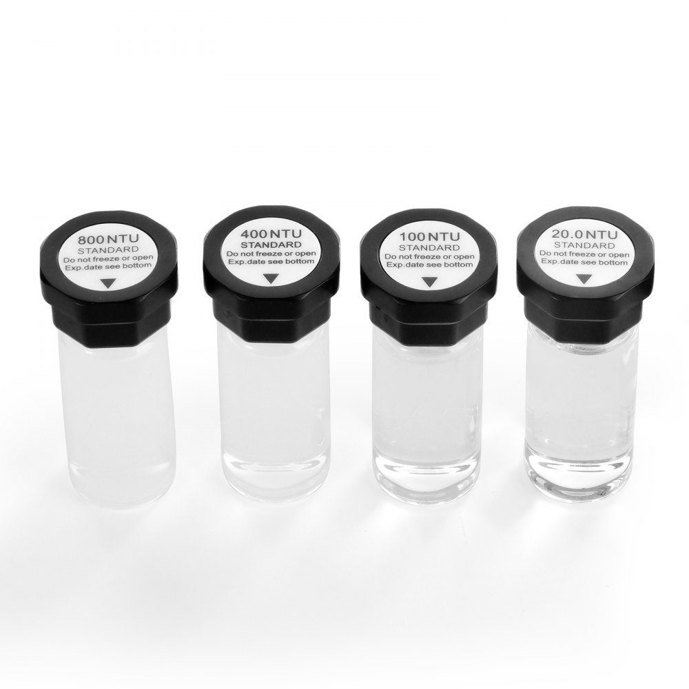 Trübungskalibrierungslösung Kit 20/100/400/800 NTU je 20 ml, 4 Stück Standard-Nachfülllösung für Trübungslösung für TN1000-Trübungsmessgerät, stoßfester Schutzeinsatz, versiegeltes Flaschendesign