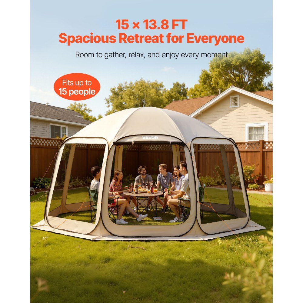 Kampeertent, 457,2x420,6x245 cm, partytent voor 12-15 personen, pop-up tent, inclusief draagtas, mesh zijwanden en haringen, voor tuin, terras en buitenactiviteiten, beige