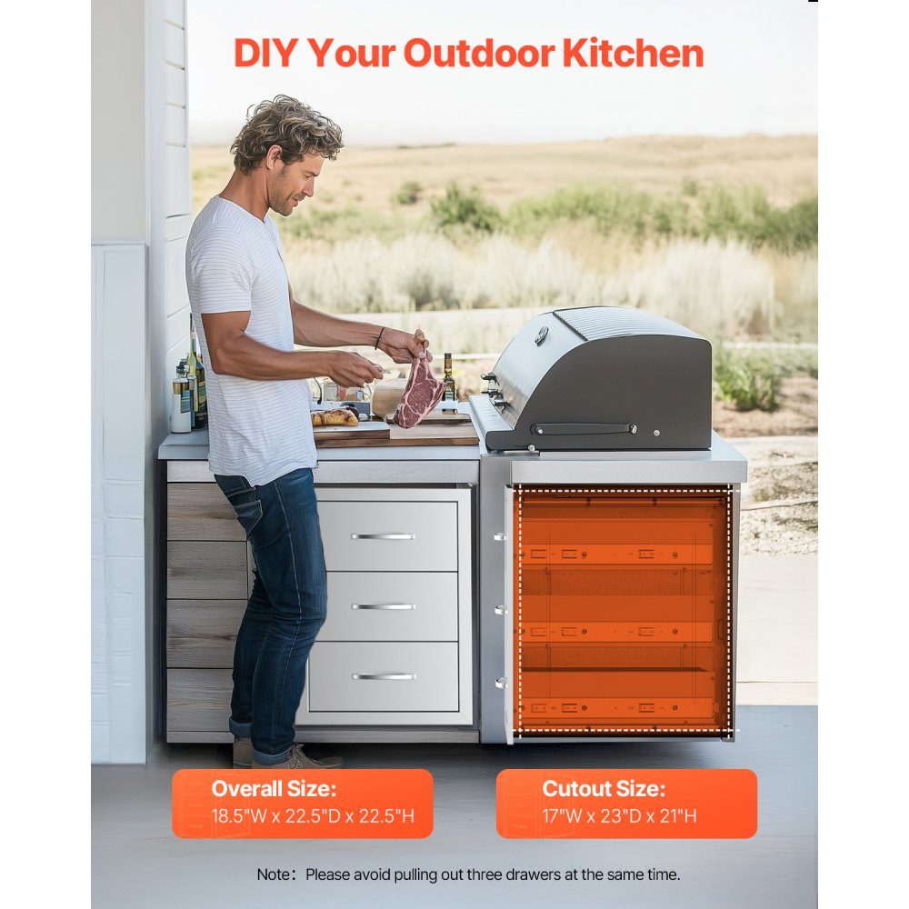 Küchenschubladen Outdoor-Schubladenschrank (47 x 57 x 57 cm) mit dreifachem Zugriff aus Edelstahl, Schubladenaufbewahrung für Grillinsel mit Griff, für Grillstation