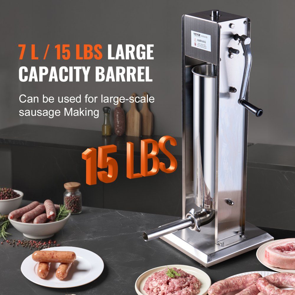 Remplisseuse de saucisses manuelle, machine à saucisses verticale de 7 L/15 lb, remplisseuse de viande à deux vitesses, en acier inoxydable 304 de qualité alimentaire, comprend 5 tubes de remplissage, pour la maison, la cuisine, le restaurant, le commerce