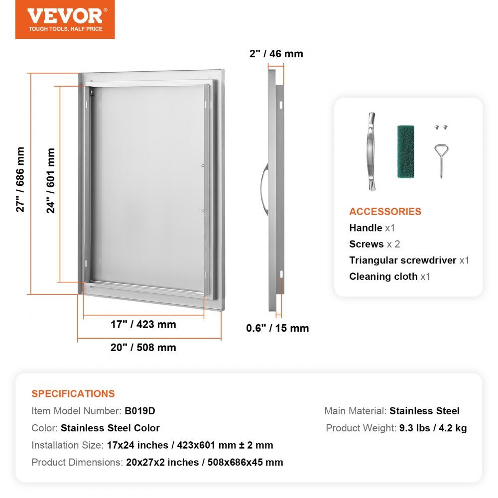 Porte d'accès au gril 508x686mm Porte de cuisine extérieure simple Porte encastrée en acier inoxydable Porte murale verticale avec poignée pour Grill Island Grill Station Armoire extérieure