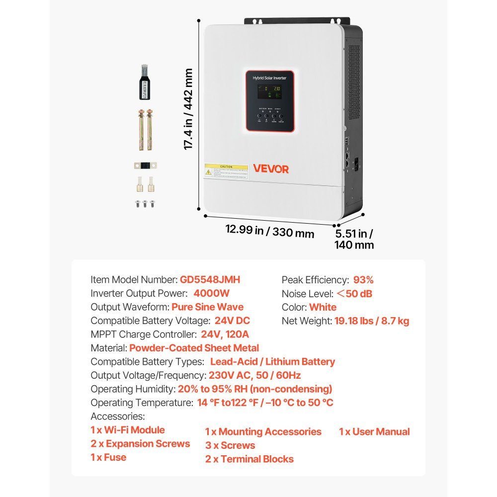 Hybrid inverter 4000 W, 24V DC to 230V AC, with integrated 120A MPPT solar charge controller, WiFi module, single-phase, for off-grid lead-acid/lithium batteries