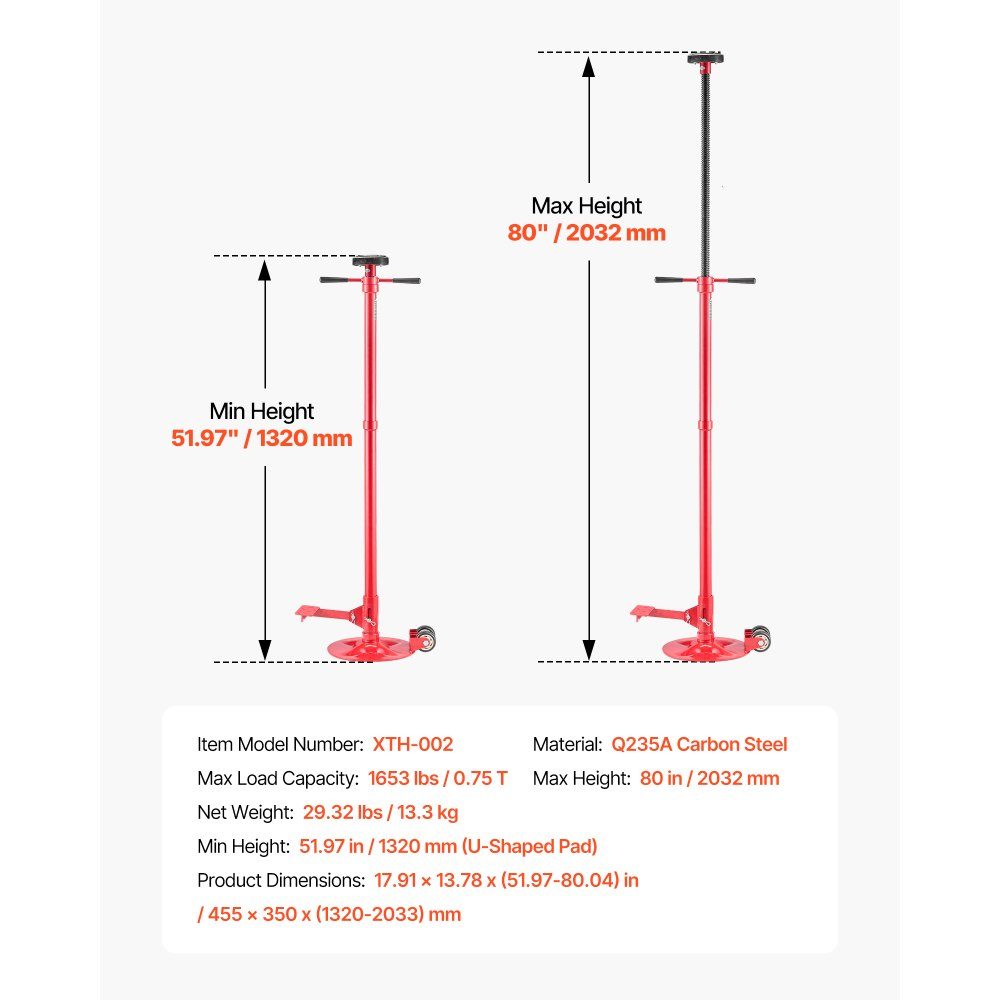 Underlift Support Stand 1T, Rollable, Height Adjustable (1320-2033mm), Car Jack Stand with Ball Bearing Rotary Handle and Pedal for Supporting Vehicle Components, Car Repair