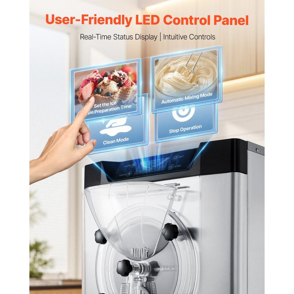 Commerciële ijsmachine, ijsmachine, 2000W, 12-20L/H, gelato-machine op aanrecht met 6L roestvrijstalen (304) container en zelfreinigend LED-bedieningspaneel voor snackbars, restaurants, zilver