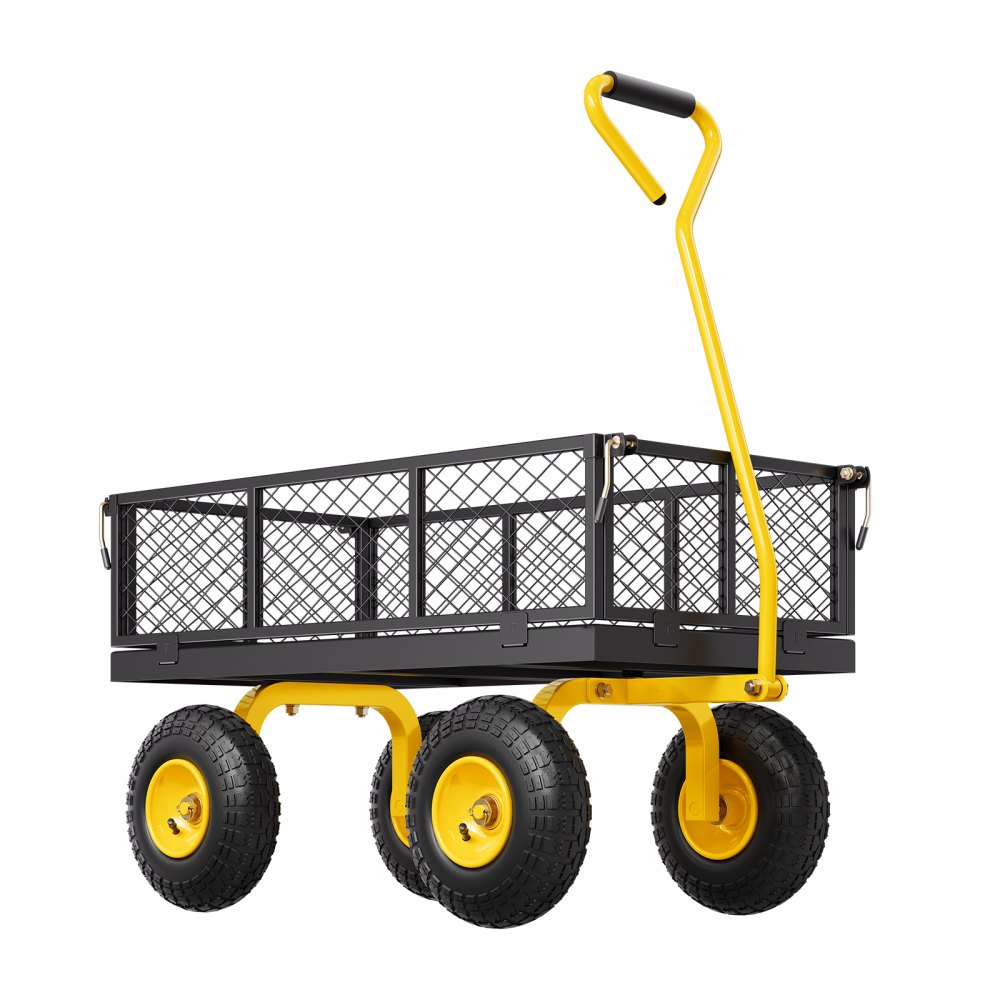 Handwagen 226,80 kg, transportwagen, tuinwagen, materiaalwagen, steekwagen met grote offroad-banden, afneembare zijpanelen van gaasmateriaal en 180° draaibare handgreep, geel/zwart Handwagen 226,80 kg, transportwagen, tuinwagen, materiaalwagen, steekwagen met grote offroad-banden, afneembare zijpanelen van gaasmateriaal en 180° draaibare handgreep, geel/zwart