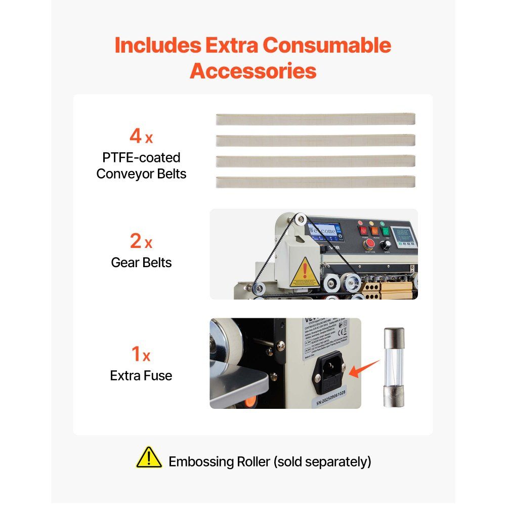 Continuous sealing machine, 6-12mm sealing width, horizontal, with ink printing, sealing machine, temperature and speed adjustable, for 0.03-0.8mm plastic bags