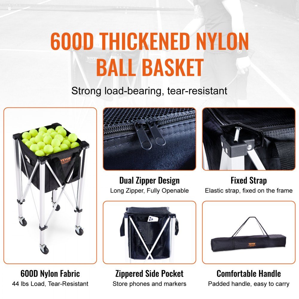 Conteneur de balles de tennis pliable, peut contenir 150 balles de tennis, chariot léger en alliage d'aluminium avec roulettes, sac amovible, sac de transport, chariot d'éducation physique portable pour joueurs de tennis