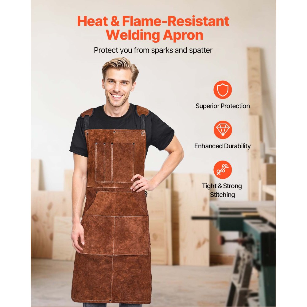 Koeienhuid Lasschort Vlamvertragend Beschermend Schort Hittebestendig Leren Schort met 6 Gereedschapszakken Werkschort voor Houtbewerking Tuinieren BBQ 610x914mm Koeienhuid Lasschort Vlamvertragend Beschermend Schort Hittebestendig Leren Schort met 6 Gereedschapszakken Werkschort voor Houtbewerking Tuinieren BBQ 610x914mm