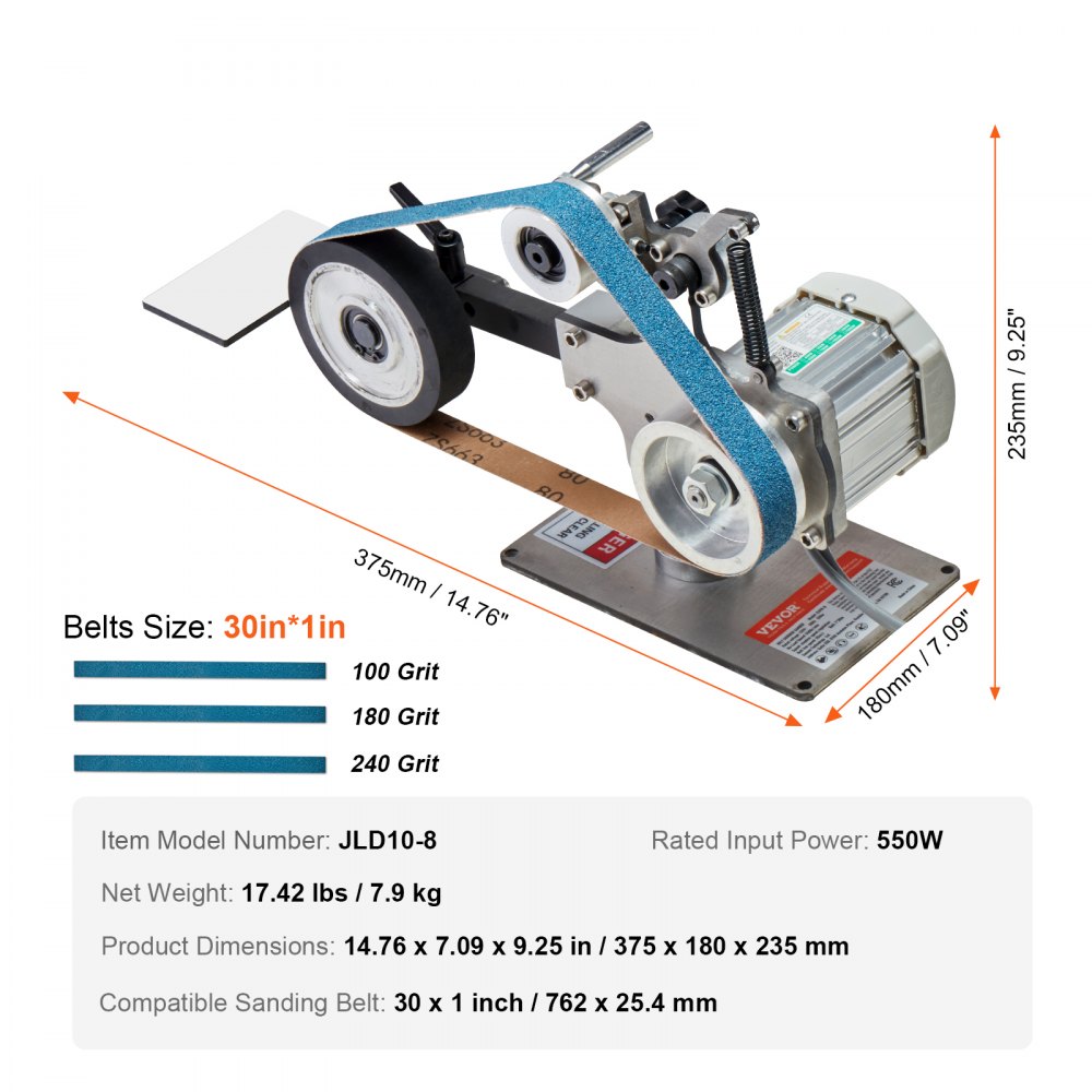 Belt Sander, 762 x 25.4mm Variable Speed Belt Polisher with VFD, 550W Polishing and Grinding Machine with 2 Grinding Shapes and 3 Grinding Belts for Metal Working, Knife Making Belt Sander, 762 x 25.4mm Variable Speed Belt Polisher with VFD, 550W Polishing and Grinding Machine with 2 Grinding Shapes and 3 Grinding Belts for Metal Working, Knife Making