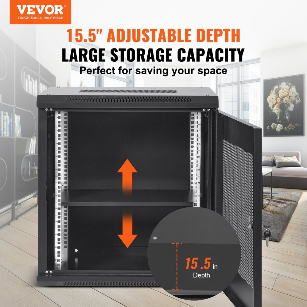 12U Wall Mount Network Server Cabinet 39.4cm/15.5" Deep Server Rack Cabinet Enclosure Max 90kg/200lbs. Floor-mounted loading capacity, with lockable door side panels, for IT equipment, A/V equipment