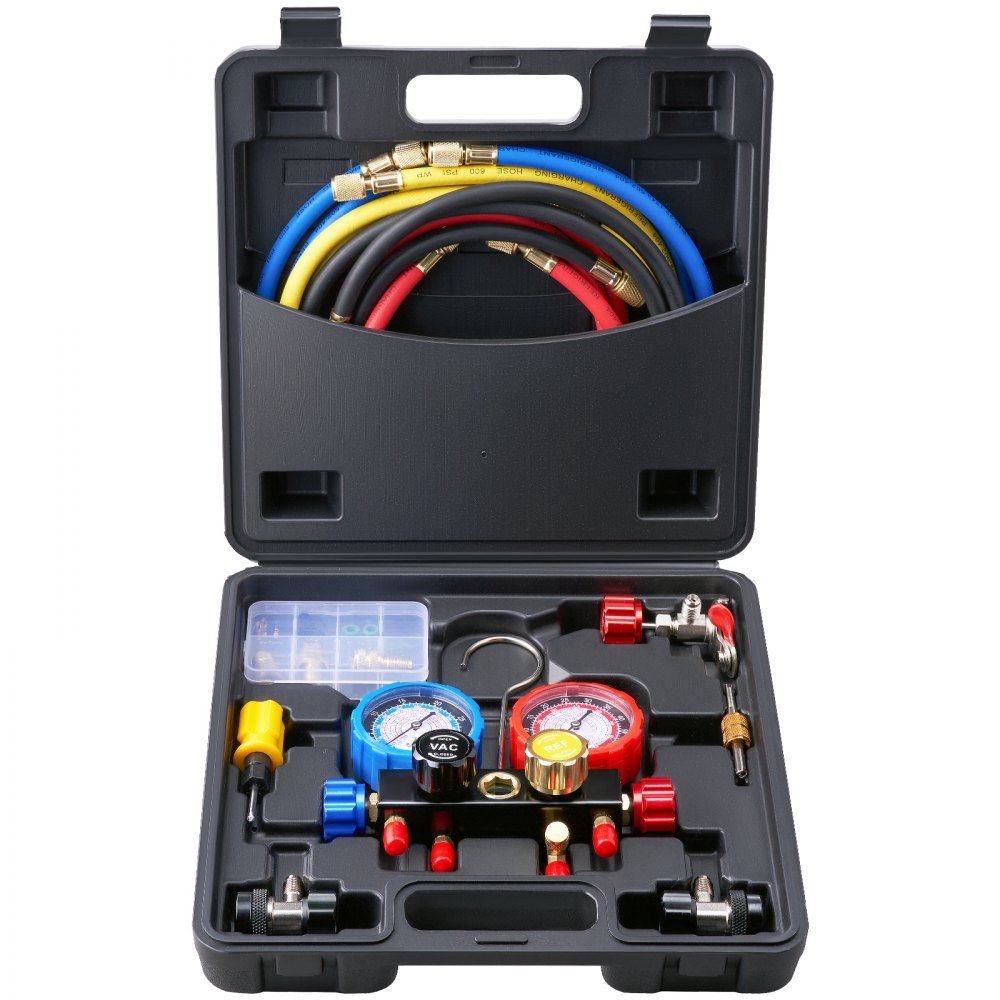 Refrigerant Pressure Gauge 4 Way Car Refrigerant Distributor Gauge Set R134A-R12-R410A-R22 AC 4pcs 1524mm Charging Hoses Refrigerant Distributor Gauge AC Diagnostic Tools Car Air Conditioner