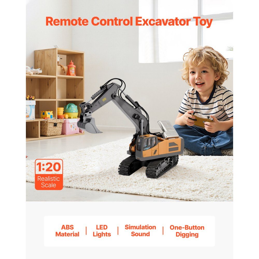 Remote Control Excavator Toy, 11 Channels, 1:20 Scale Remote Control Excavator Toy, Remote Control Excavator with Lights and Sounds, Working Construction Vehicles, 2 Batteries, Birthday Gift