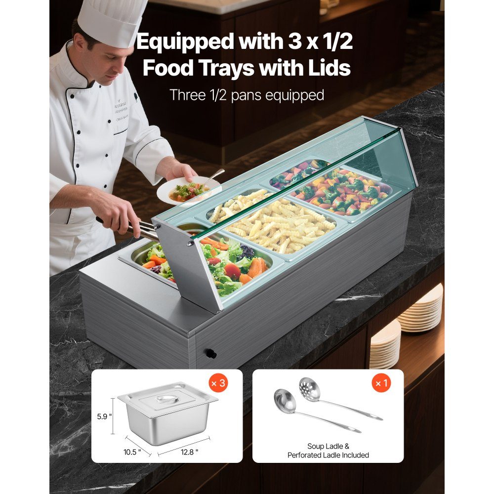 Commercial Food Warmer (3 Size 1/2 Containers), 1.5KW Stainless Steel Electric Warming Container with Glass Cover and Soup Ladle, Chafing Dishes for Catering Restaurant Parties