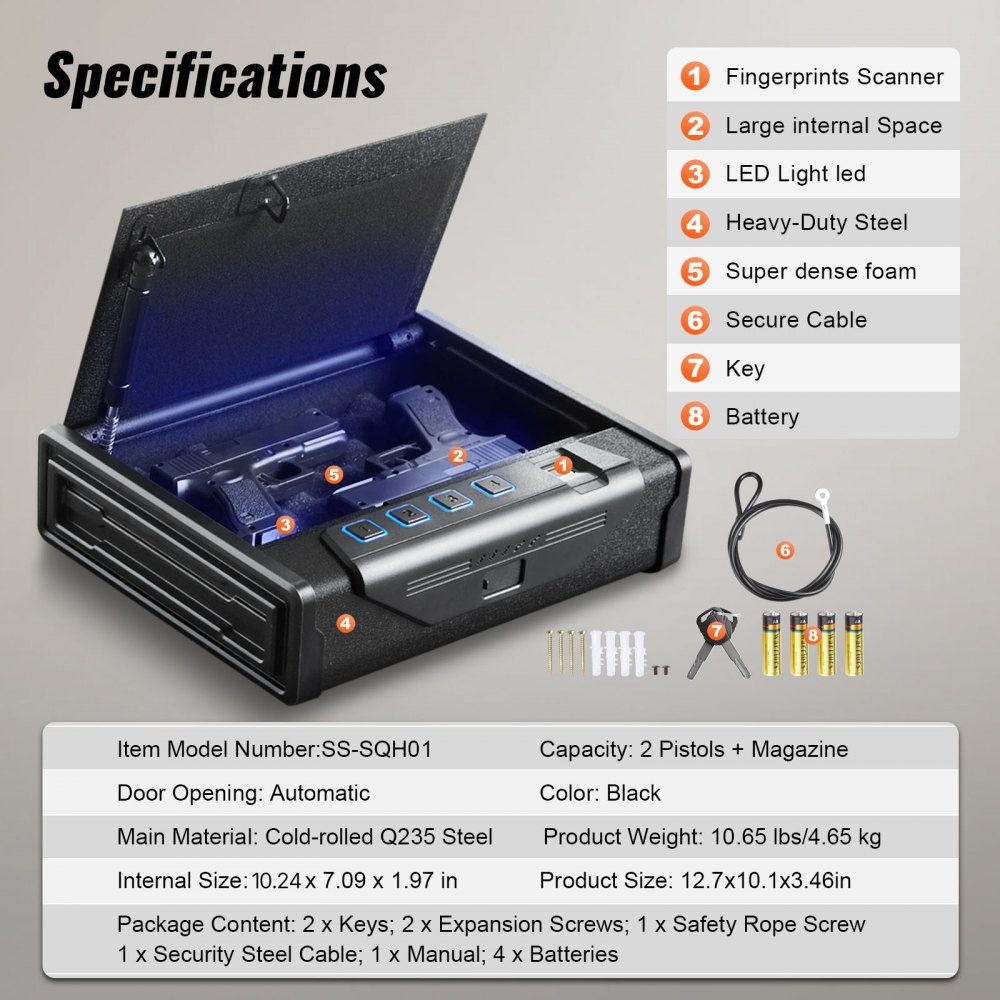 Gun Safe, Gun Case, Portable 2 Gun Gun Safe, Fingerprint, Key or Password, Cold Rolled Steel Gun Safe, 260x180x50mm, Gun Cabinet Wall Safe