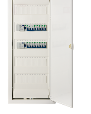 Meterkast, meterkast, verdeelkast, bouwplaatselektriciteit Hager onderverdeling, holle wand inbouw, bedraad Hager VU60NC