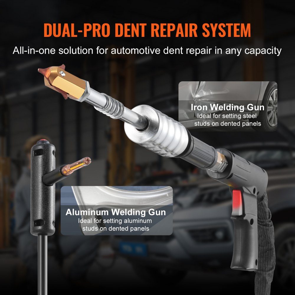 Dual Dent Spotter Deluxe AL/Fe deukreparatieset, 5 kW lasapparaat met automatisch/handmatig lassen en 10 modi, puntlasapparaat voor reparatie van auto-onderdelen van staal en aluminium