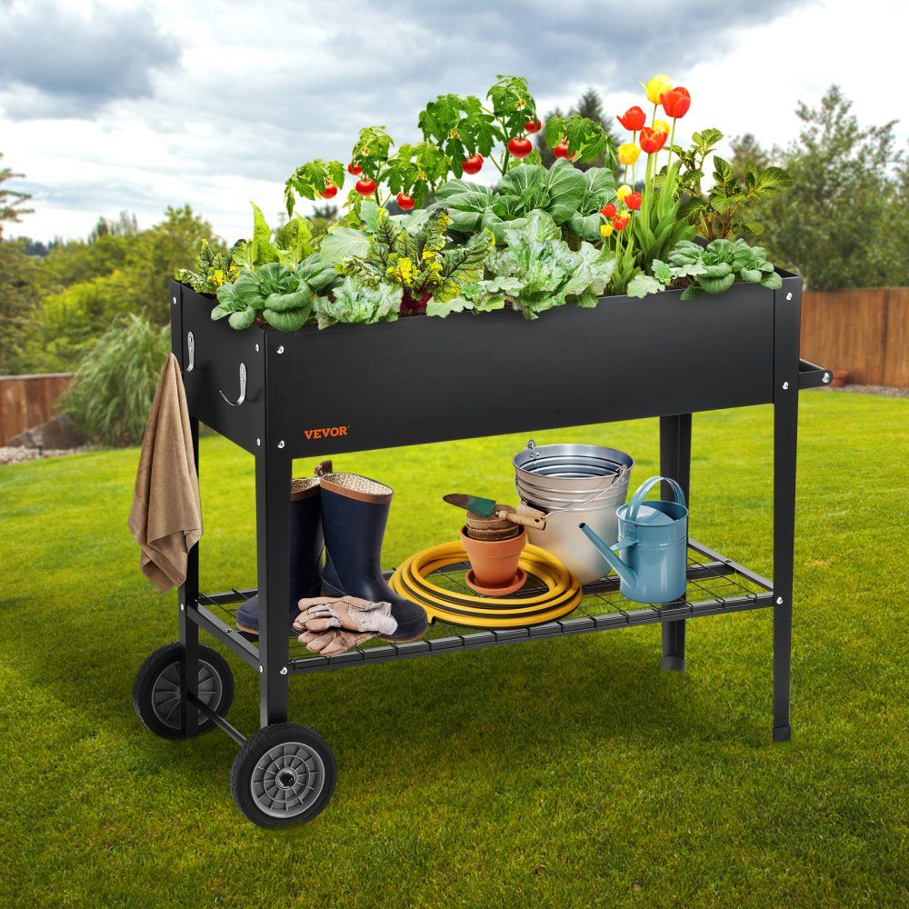 Pot de fleurs surélevé à roulettes, pot de fleurs, pot de jardin, terrasse, potager, parterre de jardin, parterre de plantes, noir, 110 x 49,5 x 80 cm, acier galvanisé, idéal pour cultiver des légumes, des fruits, des herbes.