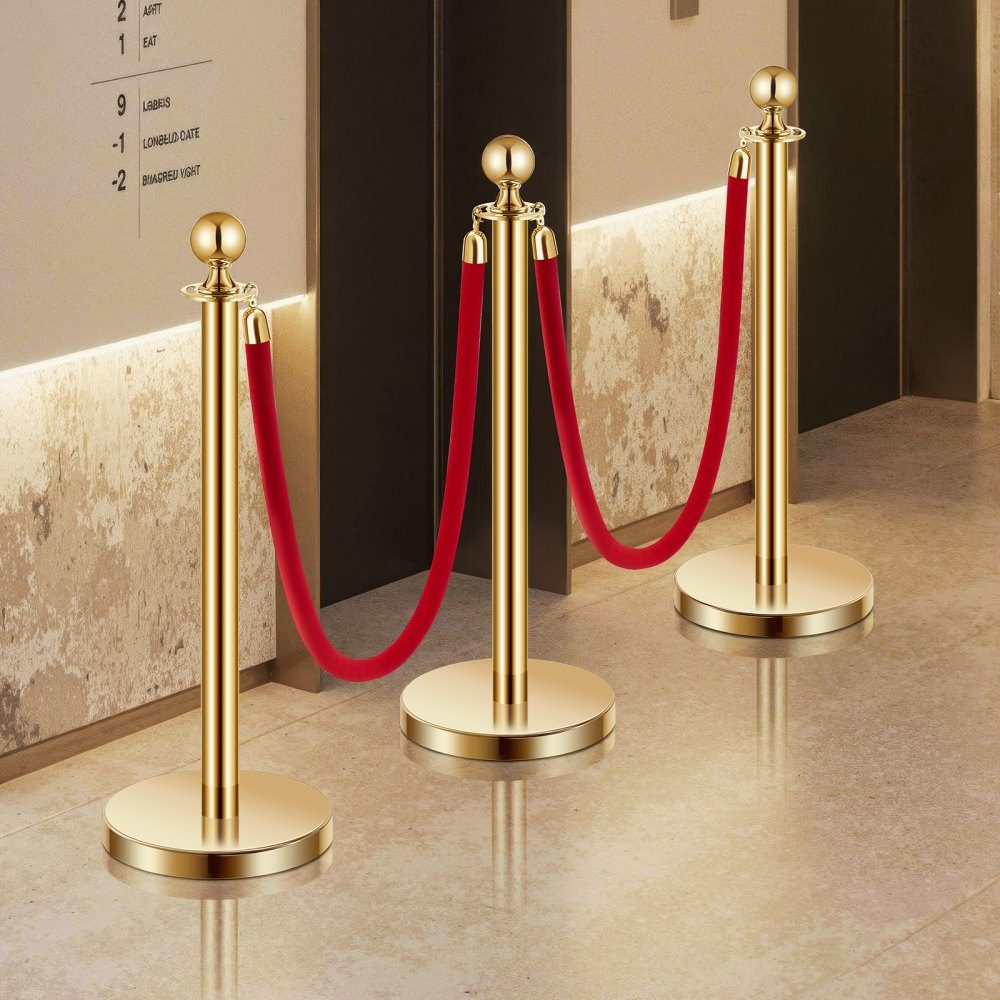 Absperrpfosten (6 Stück) zur Massenkontrolle mit 4 roten Samtseilen (1,5 m lang), Absperrständer aus Edelstahl mit nachfüllbarer Basis für Ausstellungen Golden