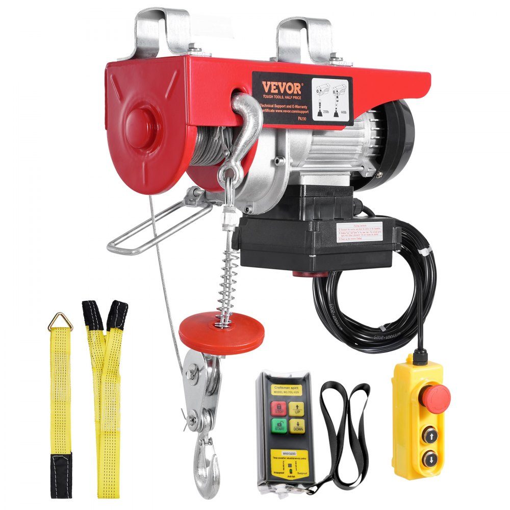 Elektrische lier, motorlier van 200 kg met 100 m draadloze en 4,2 m bedrade afstandsbediening, 12 m hefhoogte met enkele kabel, enkele/dubbele stroppen, takel voor garage, magazijn, fabriek