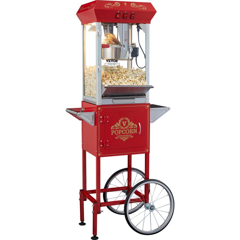 Maszyna do popcornu, Maszyna do popcornu, Maszyna do popcornu z wózkiem, Maszyna do popcornu 850 W, Czajnik 8 uncji na 48 filiżanek na załadunek, Maszyna do popcornu z hartowanym szkłem, Zawiera 4 kulki, Styl kinowy, Czerwony