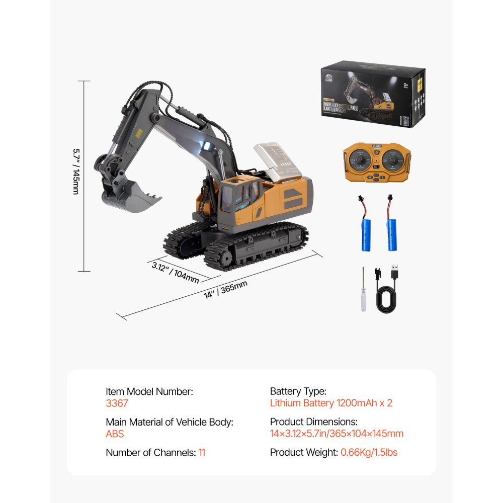 Remote Control Excavator Toy, 11 Channels, 1:20 Scale Remote Control Excavator Toy, Remote Control Excavator with Lights and Sounds, Working Construction Vehicles, 2 Batteries, Birthday Gift