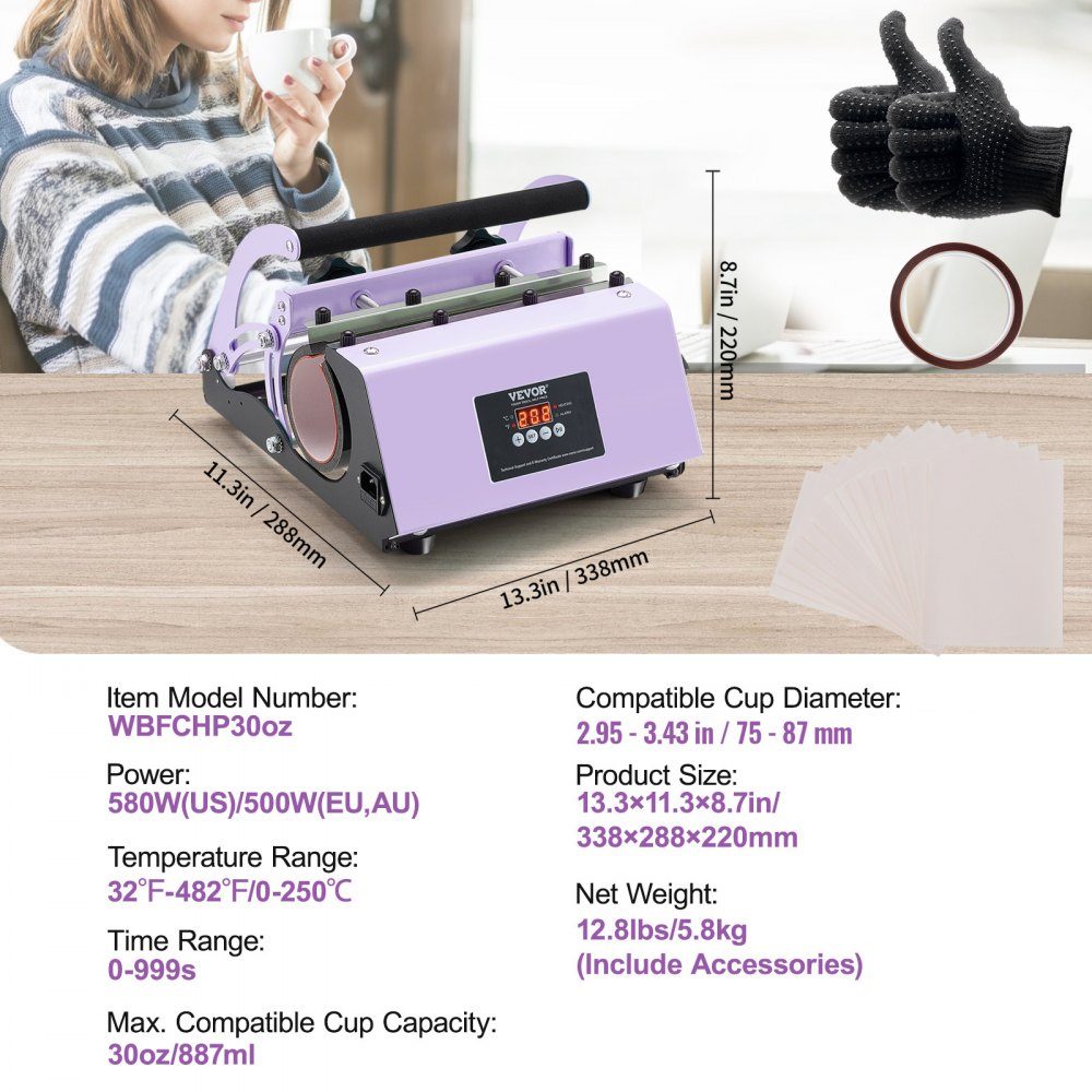 Tumbler Heat Press, 11-30oz mokpers, verwarmt snel en gelijkmatig, Tumbler Press met sublimatiepapier, tape en handschoenen, temperatuur- en tijdinstelling