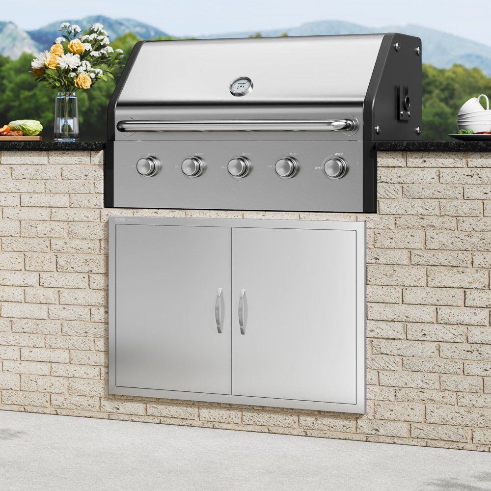 Grill Access Door 990x660mm Double Outdoor Kitchen Door Flush Mount Stainless Steel Door Vertical Wall Door with Handles and Hooks for Grill Island Grill Station Outdoor Cabinet