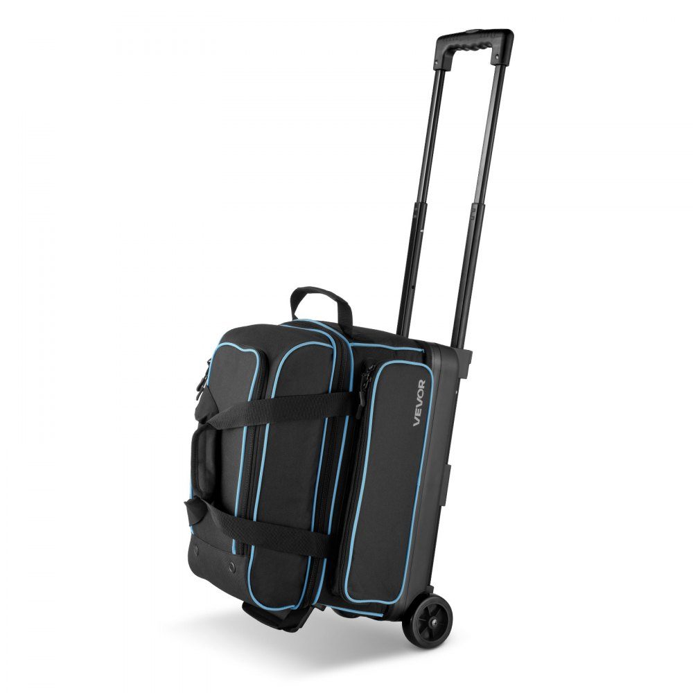 Bowlingballtasche für 3 Bälle mit Doppelrädern und separatem Fach für Schuhe (bis US-Größe 16) und übergroßer Zubehörtasche, ausziehbarer Griff, ausziehbar auf 105 cm, Schwarz + Blau