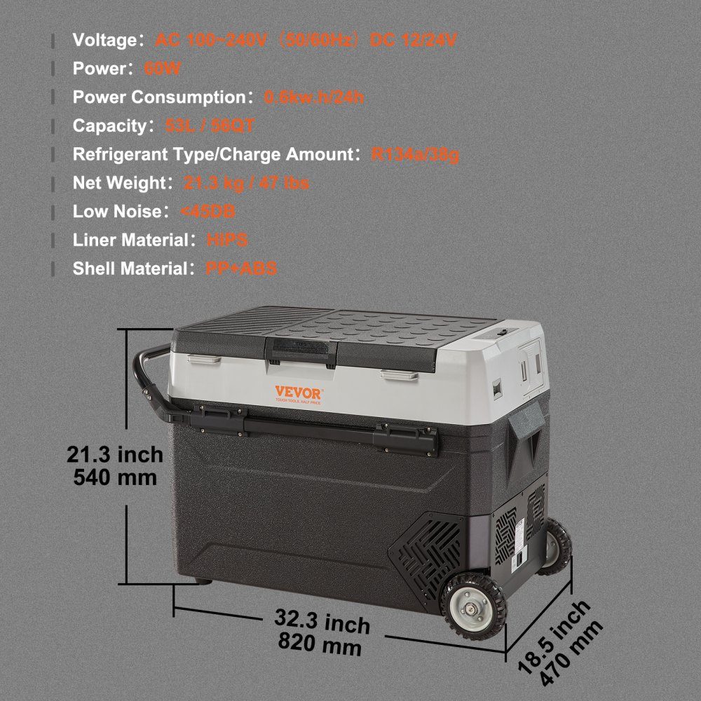 Réf. rigérateur de camping 53 L, glacière électrique enroulable 12/24 V 2 en 1 double zone, compresseur de réfrigérateur de voiture pour garder au chaud et refroidir 60 W, poignée portable, bateau, camion, mobile Gris