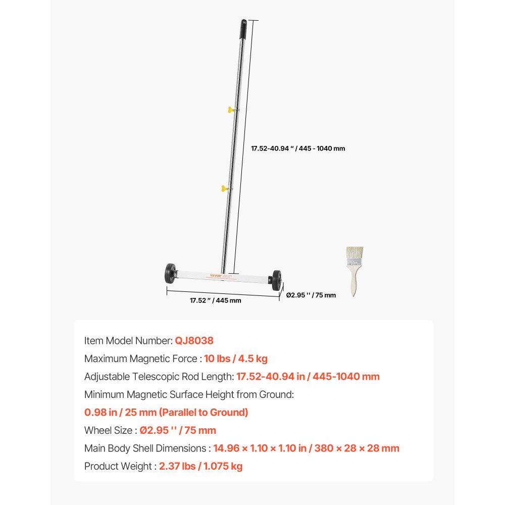 Magnetic sweeper Magnetic sweeper with wheels 43 cm, 4.5 kg load capacity, magnetic broom with adjustable handle, for picking up nails and screws, cleaning for garages, roof projects