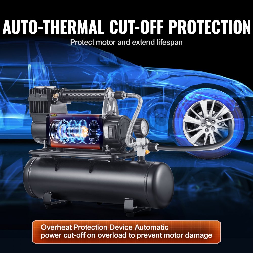 12-V-Hochleistungs-Luftkompressor mit 6-Liter-Tanksatz, 6,35 CFM tragbarer Reifenfüller, 150 PSI Off-Road-Luftkompressor mit digitalem Manometer, Reifenfüller für LKWs, Autos, SUVs, Allradfahrzeuge, Wohnmobile
