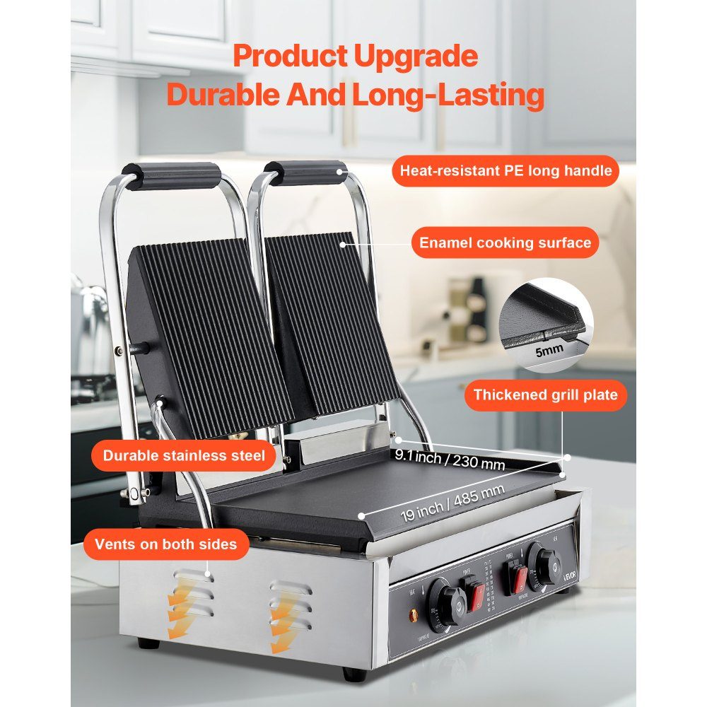 Commercial Panini Grill, Contact Grill 3600 W, for Sandwiches, Steak, Bacon, Hamburgers, Sandwich Maker, Stainless Steel Press Grill with Handle & Temperature Controller & 48 x 23 cm Heating Plate, Panini Press