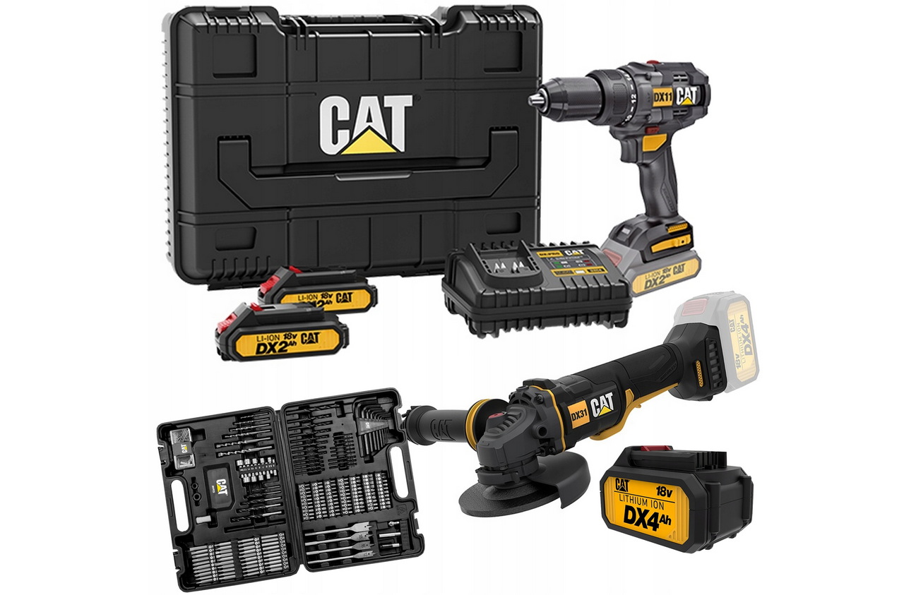 Tournevis sans fil sans balais CAT DX11 + meuleuse d'angle sans fil sans balais DX31B + jeu d'accessoires XXL et chargeur de batterie 4AH Tournevis sans fil sans balais CAT DX11 + meuleuse d'angle sans fil sans balais DX31B + jeu d'accessoires XXL et chargeur de batterie 4AH