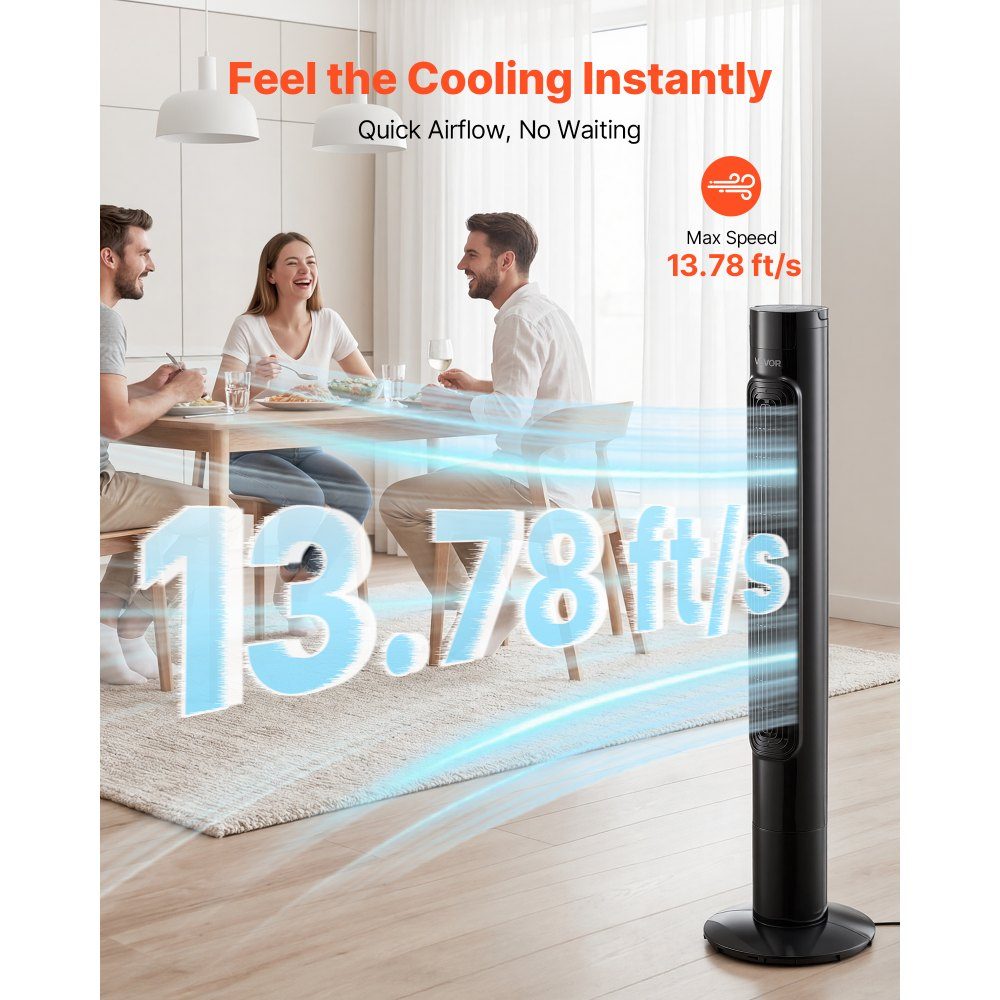 50 W Turmventilator, 985 mm Säulenventilator mit 3 Geschwindigkeiten, 3 Modi, 7,5-Stunden-Timer, 50° oszillierender Ventilator mit Fernbedienung, leiser Standventilator für Schlafzimmer, Büro, Schwarz