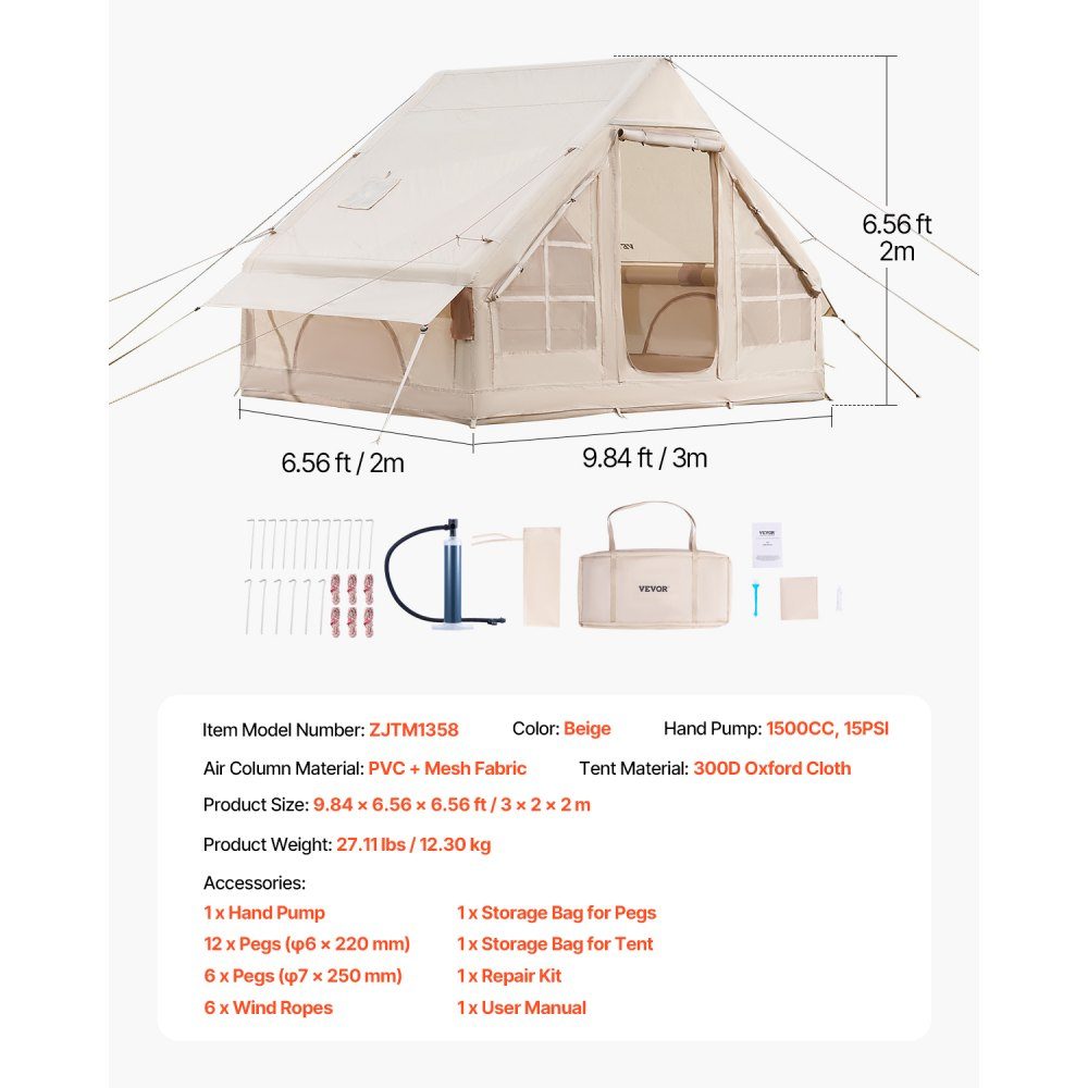 Inflatable Camping Tents 3x2x2m 3-5 Person 300D Oxford 4 Season Glamping Tent with Hand Pump, Stove Connection, 2 Doors and 2 Mesh Windows, Includes Storage Bag for Transport