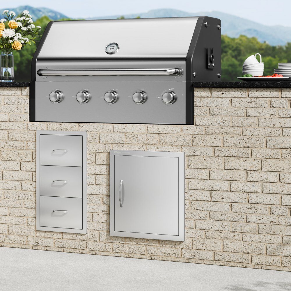 Grill-Zugangstür, 457 x 508 mm, einzelne Außenküchentür, bündig montierte Edelstahltür, vertikale Wandtür mit Griff und Haken, für Grillinsel, Grillstation, Außenschrank