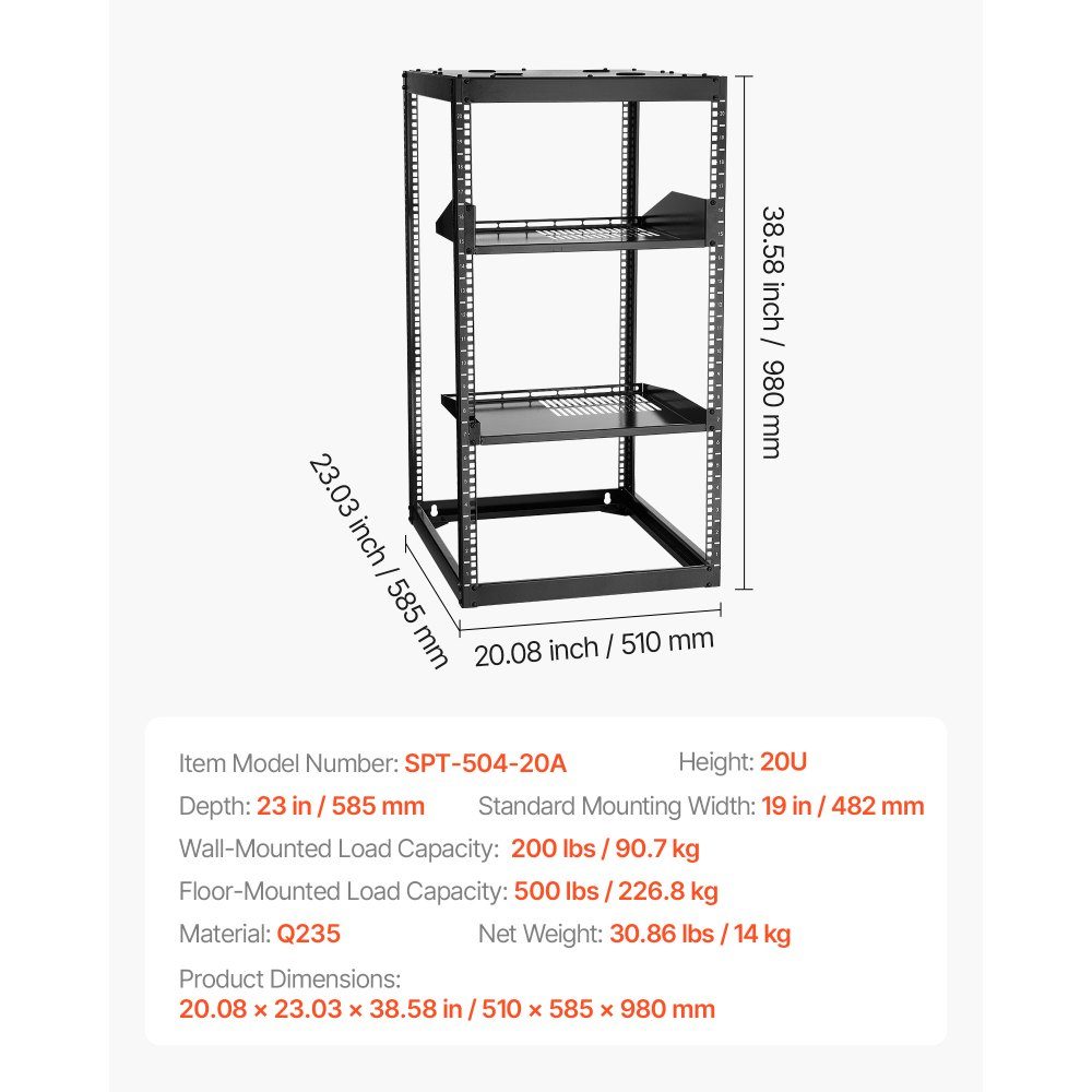 20U open frame network rack, 585mm depth, wall mount or floor standing server rack, 4 post construction, with ventilated shelves and mounting accessories, for network IT equipment and AV equipment