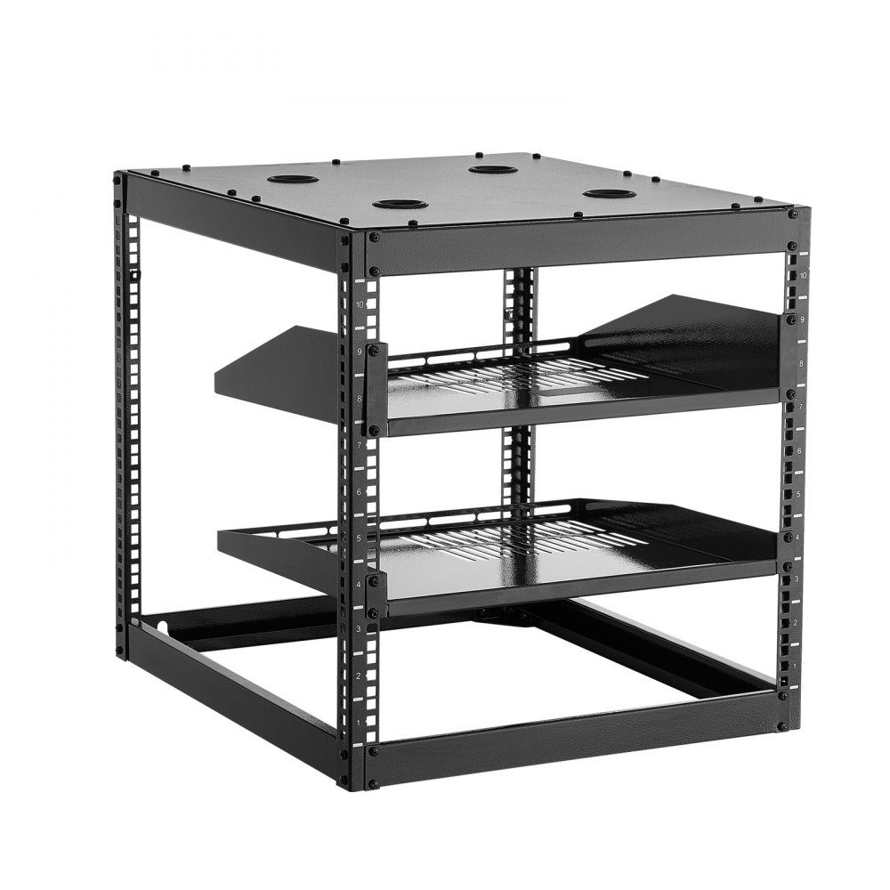 10U open frame network rack, 585mm depth, wall mount or floor standing server rack, 4 post construction, with ventilated shelves and mounting hardware, for all network IT equipment and AV equipment