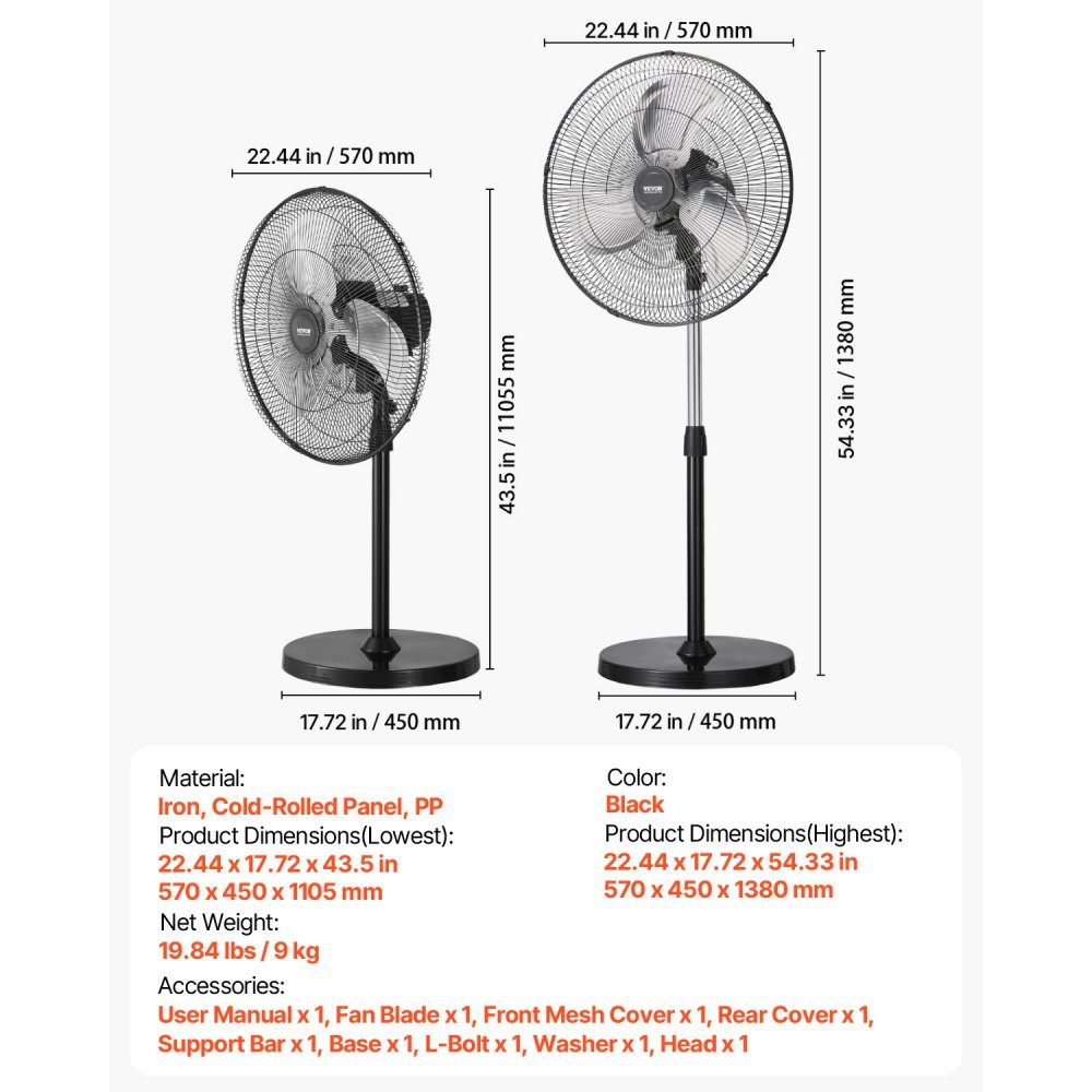Industrial Pedestal Fan 570mm 90 Degree Oscillation Fan Height Adjustable Fans with 3 Adjustable Speeds Wind Machine for Workshop Warehouse Black