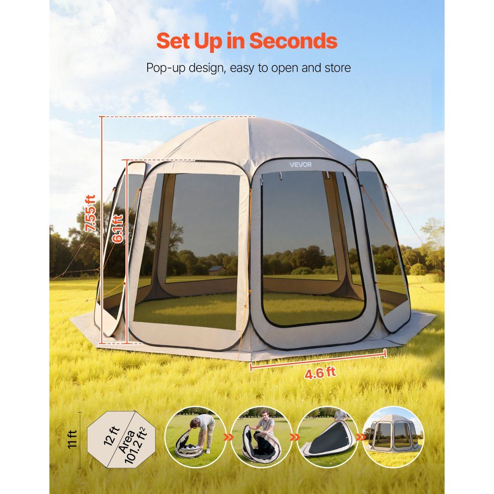 Pop Up Tent 144" x 134" Portable Camping Tent for 10-12 People with Net, Carry Bag, Side Walls and Pegs for Garden, Patio and Outdoor Activities, Beige