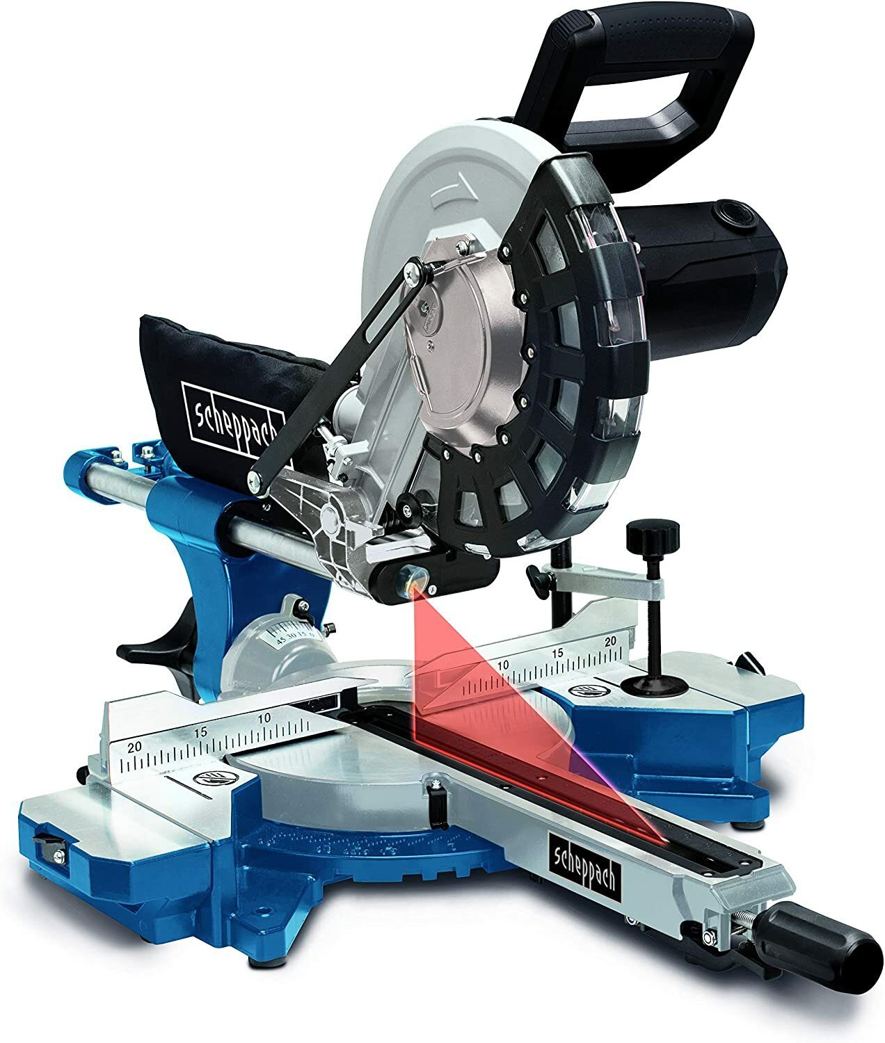 Scheppach HM254 Kapp-Gehrungssäge 2000 W, Ø 255 mm Sägeblatt, 34 cm Schnittbreite, 9 cm Schnitthöhe mit Schneidenlaser und LED, Drehtisch mit Schnellverschluss
