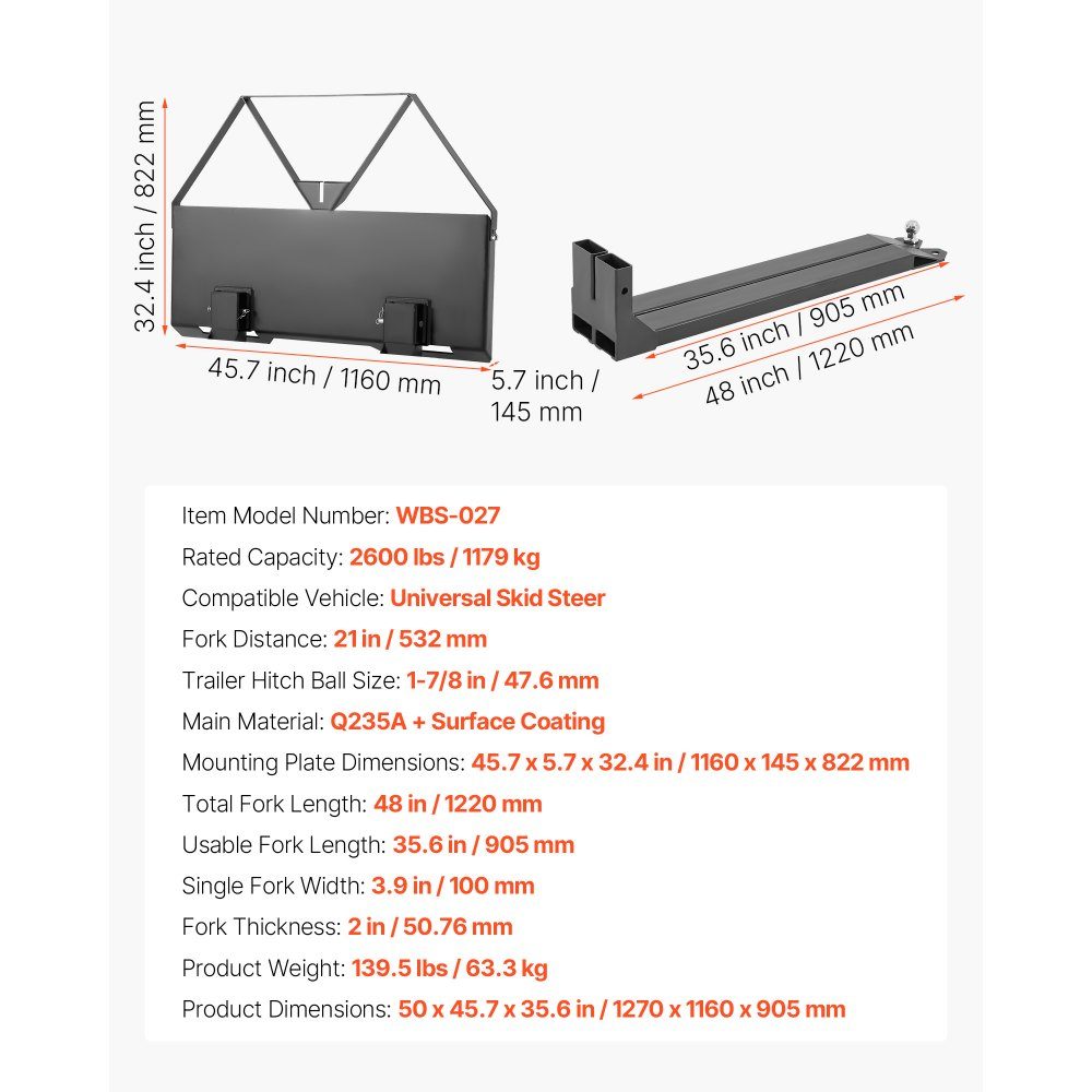 Szybkozłącze, widły do ​​palet 1160x145x822 mm do miniładowarek z ramą, ładowność 1179 kg, kula zaczepu przyczepy 47,6 mm, szybkozłącze, ładowacz czołowy, do miniładowarek, ciągników – Nr kat. HT-23011
