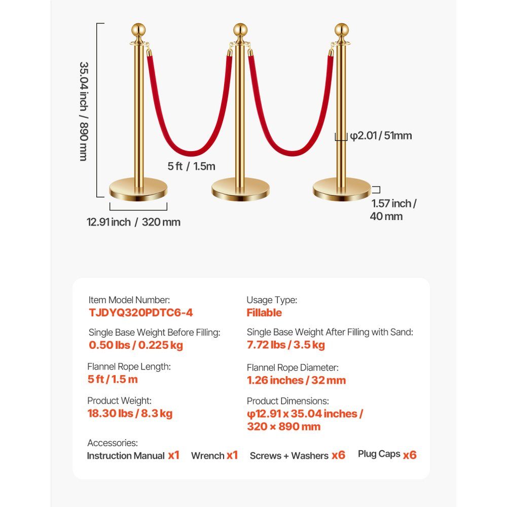 Absperrpfosten (6 Stück) zur Massenkontrolle mit 4 roten Samtseilen (1,5 m lang), Absperrständer aus Edelstahl mit nachfüllbarer Basis für Ausstellungen Golden