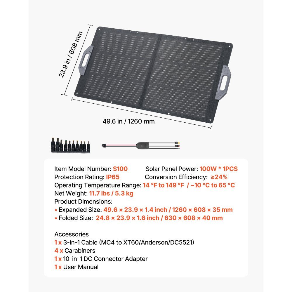 100W Foldable Solar Panel, 24% High Efficiency Portable Solar Charger, Monocrystalline Solar Panel with MC4 Output, USB-A, Type-C and DC Ports, IP65 for Power Stations, Camping, Hiking