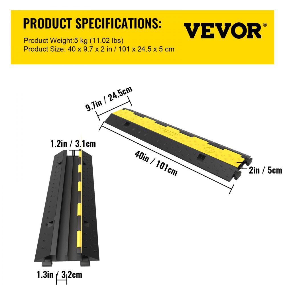 Cable protection mat, 3 pieces, 2 channels, 101 x 25 x 5 cm, overrun protection for cables, cable bridge 5T made of commercially available thermoplastic rubber with modular design for parking lots, warehouses, black Cable protection mat, 3 pieces, 2 channels, 101 x 25 x 5 cm, overrun protection for cables, cable bridge 5T made of commercially available thermoplastic rubber with modular design for parking lots, warehouses, black