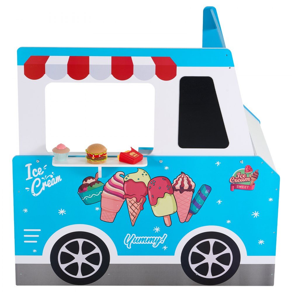 Chariot à glaces pour enfants, plus de 20 accessoires, glacier en bois avec volant et planche, scanner de paiement et congélateur, robinet et évier, adapté aux enfants de 3 à 7 ans, bleu