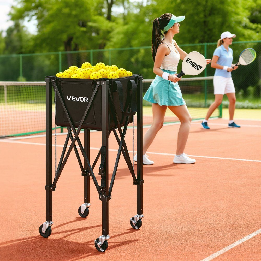 Tennisballwagen faltbar, Tennisballkorb für 120 Tennisbälle, faltbarer Ballwagen mit Rahmen aus Aluminiumlegierung und Tragetasche, mobiler Ballkorb mit Rädern zur Trainingsaufbewahrung, Schwarz