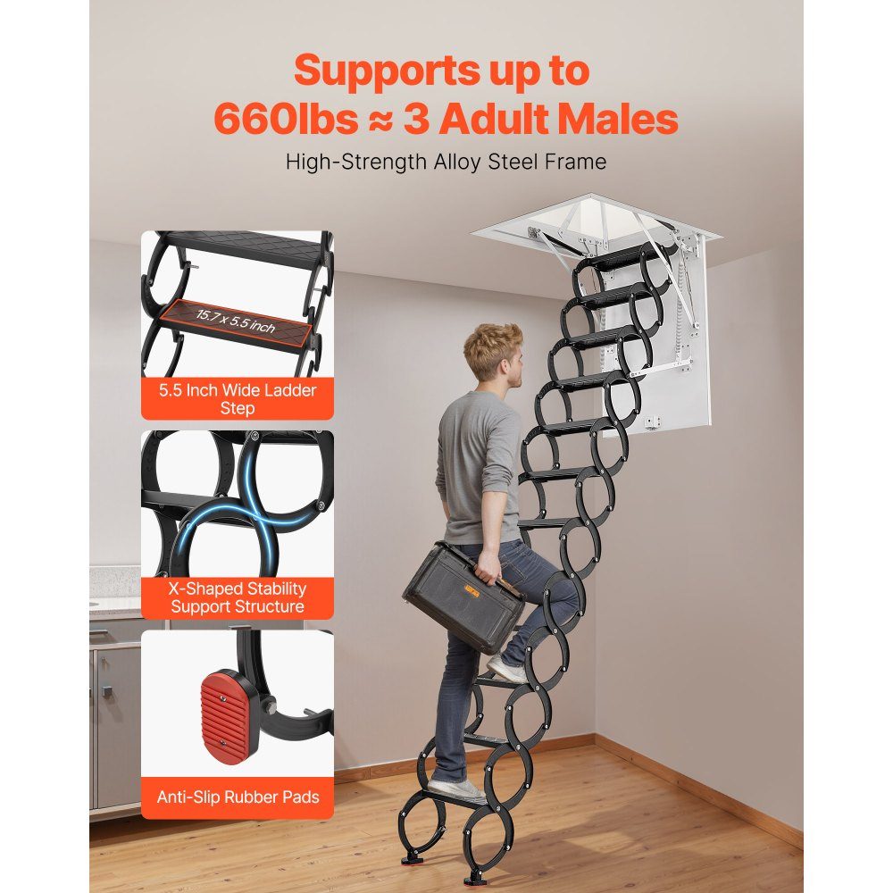 Dachbodenleiter, Tragfähigkeit 299,4 kg, geeignet für Deckenhöhen von 3,2–3,35 m und Öffnungsgröße von 1000,76 x 698,5 mm, ausziehbare Deckentreppe aus legiertem Stahl mit Zugstange für Dachboden